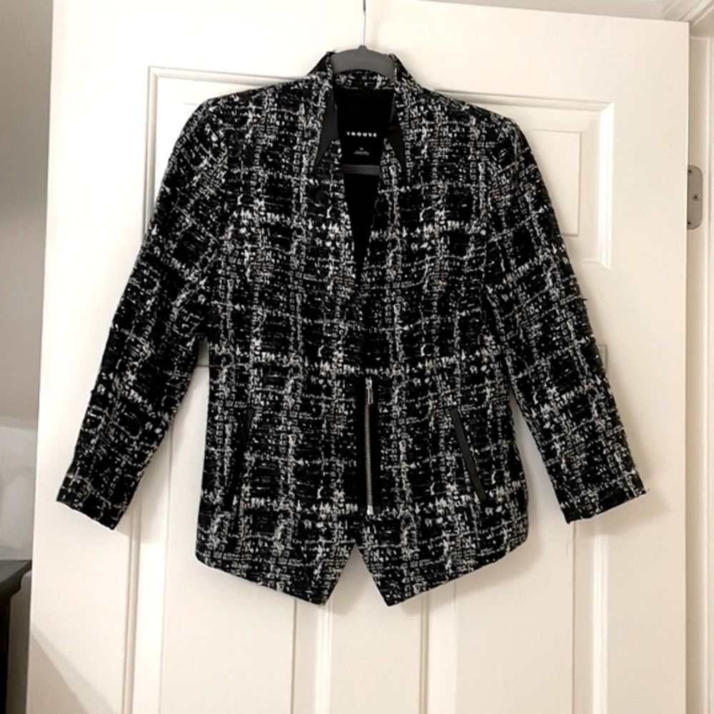Trouvé Tweed Collarless Blazer Black White Size XS